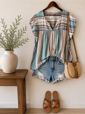 Knox Rose | Striped Blouse | Size L | Boho Top | Flutter Sleeve | Split Neck